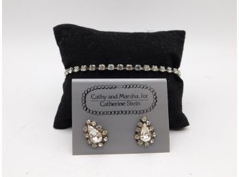 Flashy Cathy And Martha For Catherine Stein Tear Drop Stud Earrings & Delicate Faux Diamond Bracelet