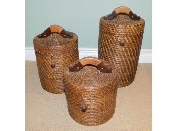 Fashionable Wicker Basket Set With Attached Lids - Set Of Three