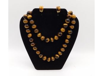 Stylish Faux Tortious Shell Beaded Necklace And Gold Tone Earrings