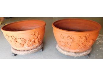Pair Of Clay Round Planters On Metal Rolling Stand