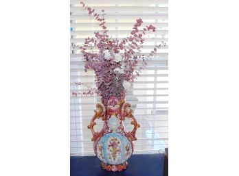 Original Hand Painted Pottery Flower Vase #762 With Handles & Faux Flowers