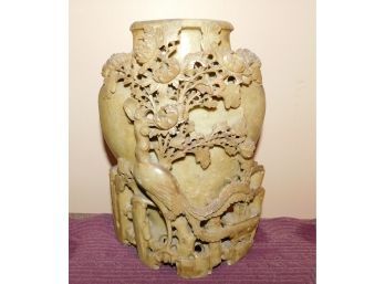 Vintage Oriential Asian Soapstone Sculpted Peacock Carving Vase