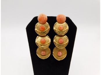 Fancy Gold Tone & Coral Colored Stud Earrings - Two Pairs