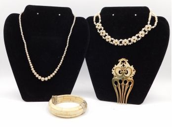 Fabulous Pair Of Faux Pearl Necklaces With Bone Hair Comb & Bangle Cuff Bracelet