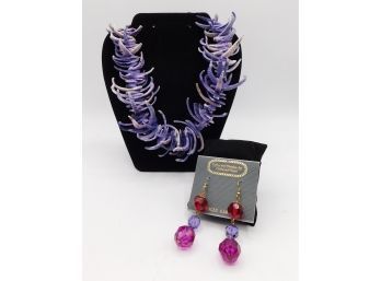 Fantastic Purple Shell Necklace With Pink & Purple Dangle Earrings