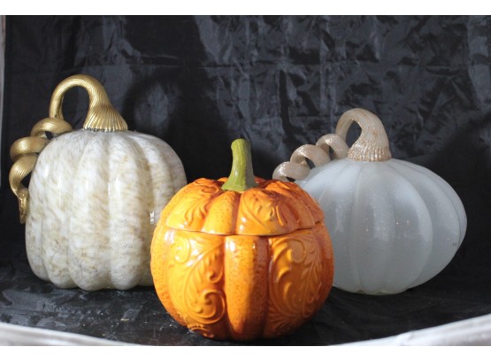 Hand-Painted Dolomite Exclusively For Pier 1 Imports Pumpkin Jar With Lid & 2 Light Up Glass Pumpkins