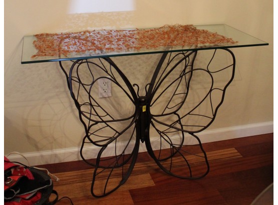 Wrought Iron Butterfly Glass Top Side Table