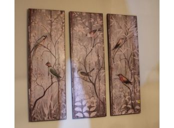 Birds Scene Painted On 3 Wood Plaques