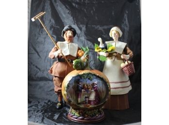 Jim Shores Designs 'Blessing Of The Harvest' Light-Up Pumpkin Globe & 2 Pilgrim Farmer Table Decorations