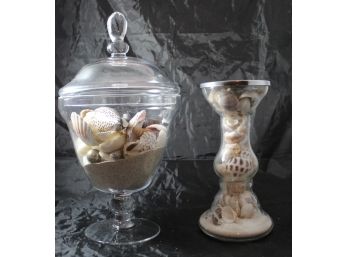 Glass Apothecary Jar With Lid & Glass Candlestick Holder, Filled W/Sand & Seashells
