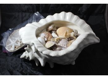 Ceramic Conch Shell Filled With Seashells