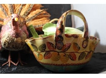Hand Painted Italica Ars Ceramic Basket & Decorative Turkey