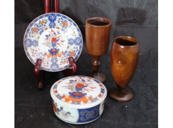 LeGo Japan Trinket Jar W/Lid & Saucer 2 Wooden Cordial Cups