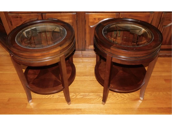 Pair Of Return Gold International Round Wood End Tables With Glass Insert Top And Shelf