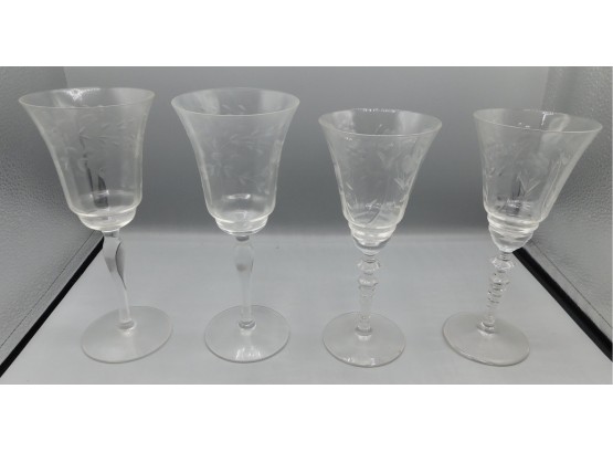 Set Of Etched Glass Stemware Glasses