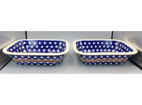 Pair Of Boleslawiec Hand Made Ceramic Glazed Star Pattern Bowls