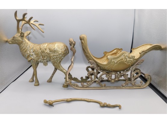 Solid Brass Reindeer With Sled 3-piece Set Decor