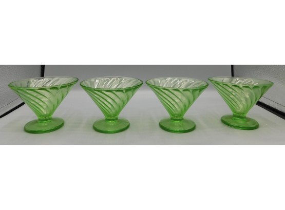 Set Of Spiral Green Cone Shaped Footed Sherbert Glasses