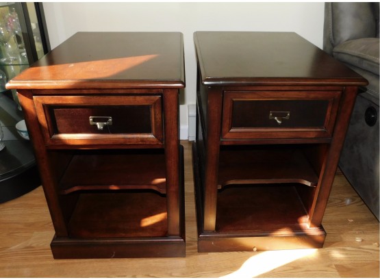 Pair Of Calmart International Limited Solid Wood End Tables With Drawer