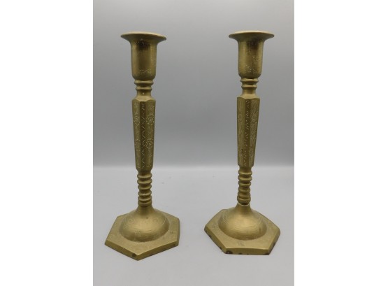 Vintage Pair Of Solid Brass Etched Candlestick Holders