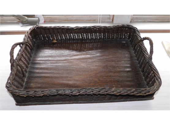 Vintage Wood Base Wicker Tray With Handles