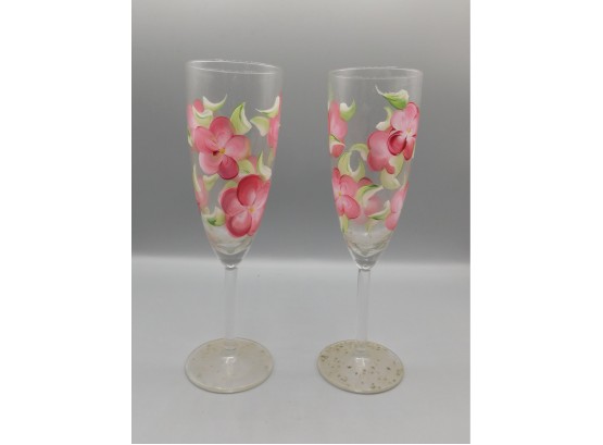 Pair Of Floral Pattern Wine Glasses