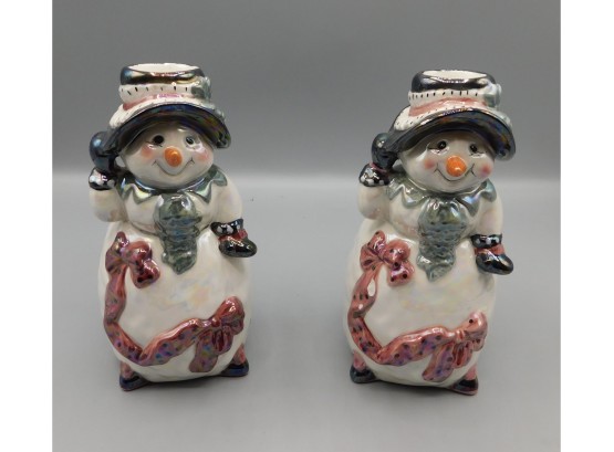 Pair Of Ceramic Glazed Ganz Bella Casa Holiday Snowmen Candlestick Holders