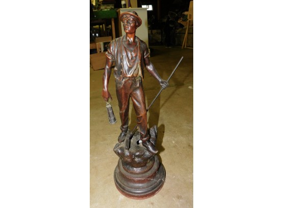 Metal Statue Of Man With Lantern & Pickaxe On Solid Wood Base Made In France