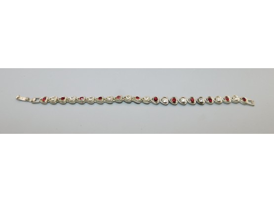 Silver-tone Heart Style Bracelet With Red/white Rhinestones