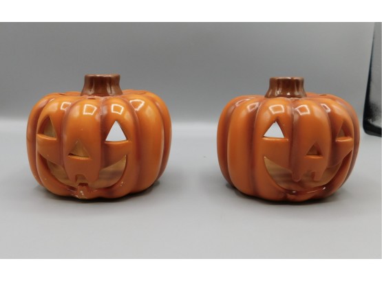 Pair Of Ceramic Glazed Pumpkin Decor Tealight Holders