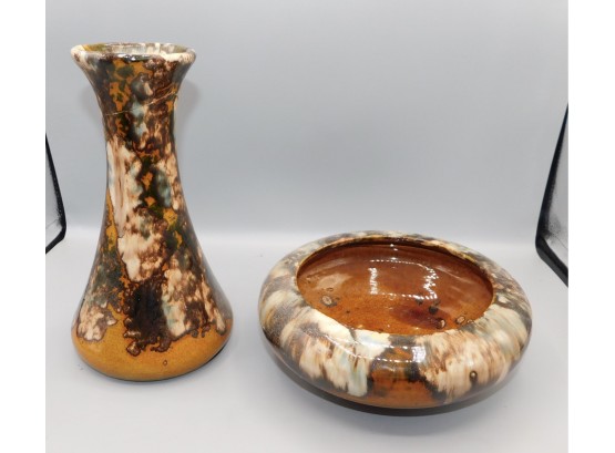 Vintage Hand Crafted Ceramic Glazed Bowl With Vase