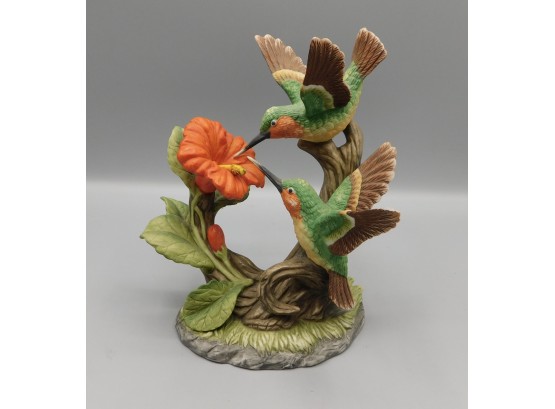 Lovely Bisque Porcelain Ruby Throated Hummingbirds With Hibiscus Figurine