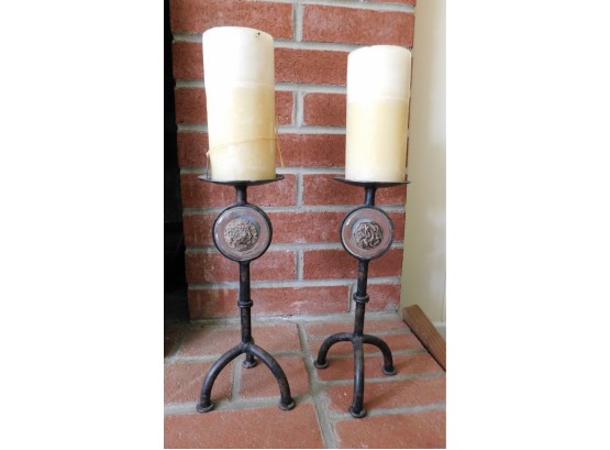Decorative Pair Of Wrought Iron Candle Holders