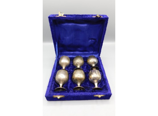 Vintage Set Of Mini Silver Plated Chalices With Purple Felted Carry Case