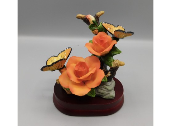 Charming Fine Bone China Butterfly Figurine On Wood Base