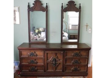 Mid Century Solid Wood 6 Drawer Dresser With Cabinet & Pair Of Attached Mirrors