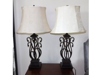 Lovely Pair Of Metal Frame Table Lamps With Leaf Pattern Shades