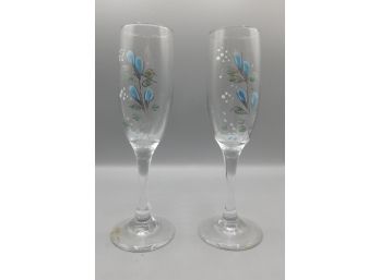 Pair Of Floral Design Flute Drinking Glasses