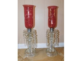 Vintage Pair Of Cranberry Crystal Etched Glass Lamps