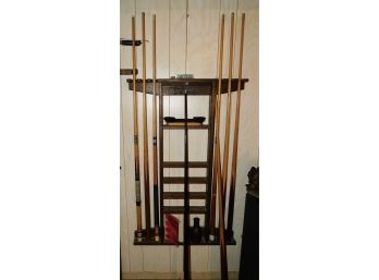 Lot Of Billiards Cue Sticks With Wood Rack