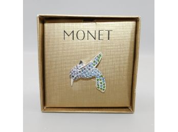 Lovely Monet Costume Jewelry Hummingbird Style Pin With Rhinestones In Box