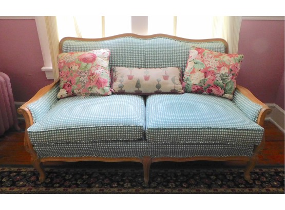 Lovely Vintage Sofa With Green Plaid Upholstery And Wooden Frame