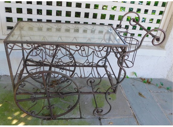Rare Vintage Wrought Iron Serving Beverage Cart With Glass Top
