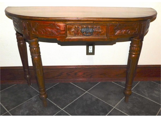 Vintage Carved Detailed Wooden Half Moon Sofa/End Table With Small Drawer