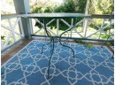 Vintage Wrought Iron Patio Set With Round Glass Top Table And 6 Chairs With Blue Cushions