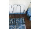 Vintage  Iron Patio Bench With Blue Cushions Seats 3