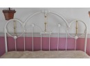 Classic Decorative Queen Size Metal White Headboard And Foot Board Set With Gold Tone Accents
