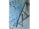 Rare Pair Of Green Wrought Iron Folding Patio Chairs With Woven Style Seat Leaf Design