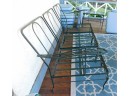 Vintage  Iron Patio Bench With Blue Cushions Seats 3