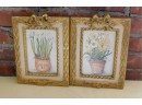 Lovely Floral Artwork In Decorative Gold Tone Frames - Pair Of 2